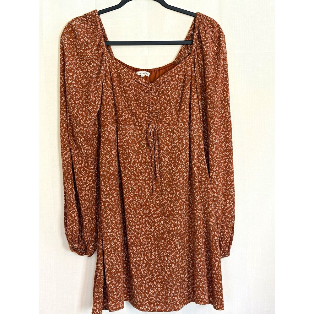 Copper Key Brown White Floral Square Neck Tie Front Puff Sleeve Mini Dress M